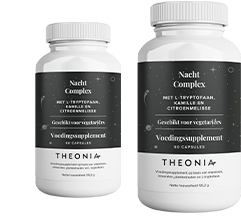 Two bottles of Theonia Night Time Complex with L-tryptophan, chamomile, and lemon balm, labeled as suitable for vegetarians, each containing 60 capsules